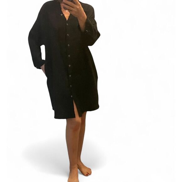 L Love Women's Black Button Down Shirt/ Dress/ Tunic Large Textured Two Pockets - Picture 2 of 10